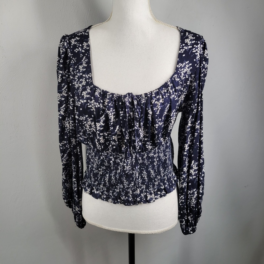 GRADE & GATHER Top Size LARGE Remmi Navy Blue Floral Smocked fab'rik NEW